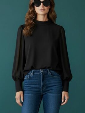 ❤️ Ann Taylor Black Retro Mock Neck Sheer Sleeves Blouse